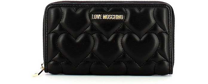 Black Heart Quilted Zip Around Wallet - Love Moschino