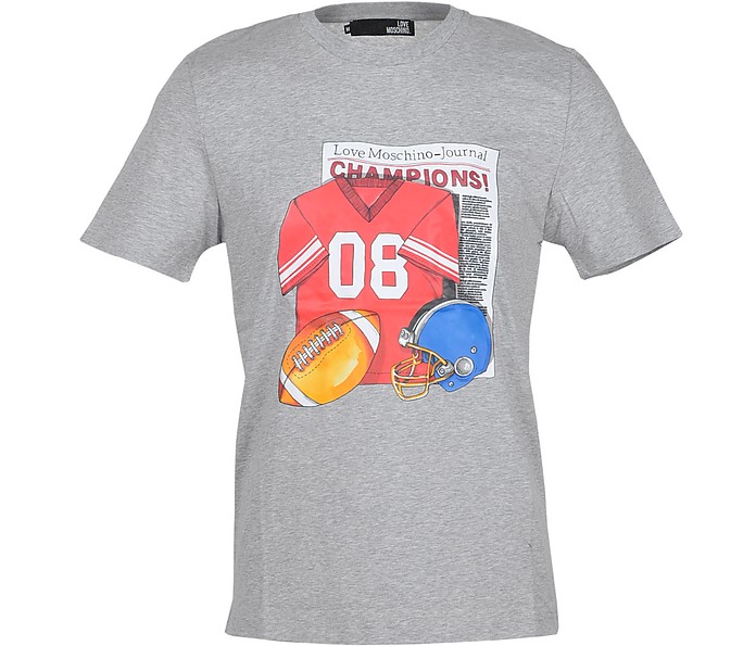 Football Signature Print Gray Cotton Men's T-Shirt - Love Moschino