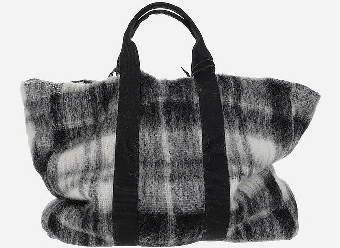 Large Black And White Tartan Mohair Wool Tote Bag