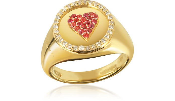 18K Yellow Gold, 0.10 ctw Sunset Sapphire & 0.15 ctw Diamonds Queen of Heart Pinky Ring - Makova Jewelry / }R@WG[