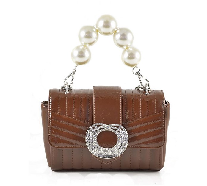 Brown Quilted Eco-Leather Mini Bag w/Oversized Pearl Handle - Manila Grace