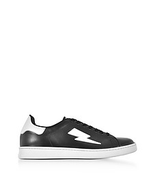 Black and White Leather Thunderbolt Tennis Sneakers