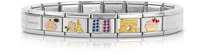 Classic France - Bracelet en Acier Inoxydable et Symboles en Or 18 cts  avec Zircons Multicolores - Nomination