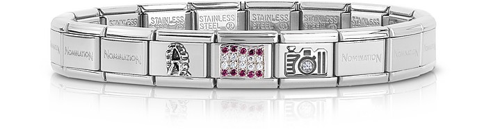 Classic Austria Sterling Silver and Stainless Steel  Bracelet w/Cubic Zirconia Flag - Nomination