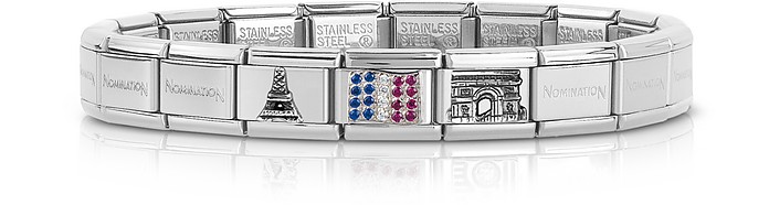 Classic Francia Stearling Silver and Stainless Steel  Bracelet w/Cubic Zirconia Flag - Nomination