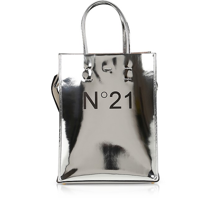 Metallic Leather Small Tote Bag w/Canvas Strap - N°21