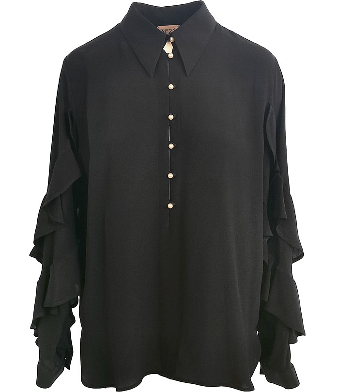Black Silk Blend Shirt With Ruffled Sleeve - N°21 