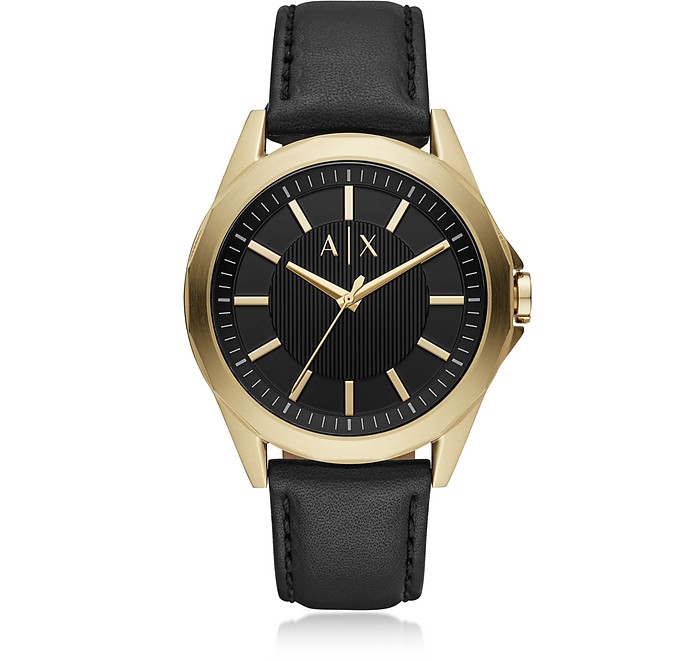 Drexler Three-Hand Gold Tone Black Leather Watch - Armani Exchange