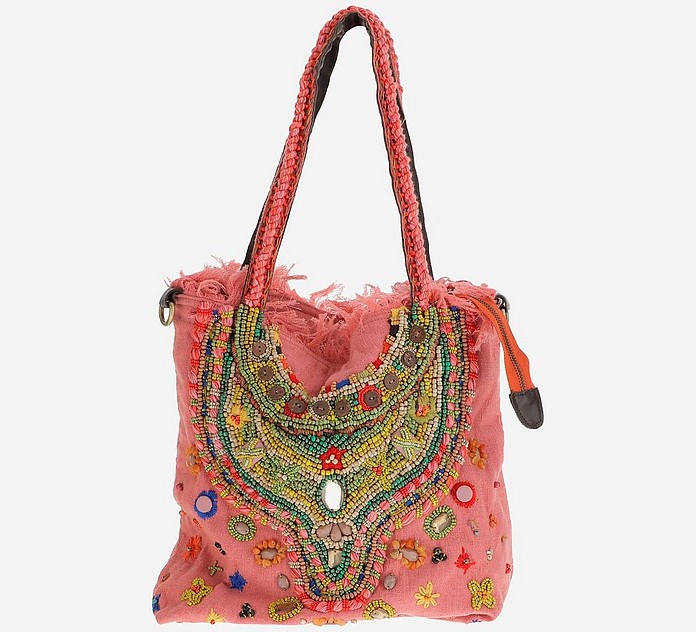 Red Beaded Canvas Tote Bag - Imayn
