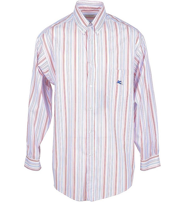 White/Mandarin Striped Cotton Blend Men's Shirt - Etro