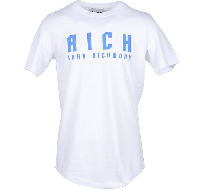 Blue Signature Print White Cotton Men's T-shirt - John Richmond