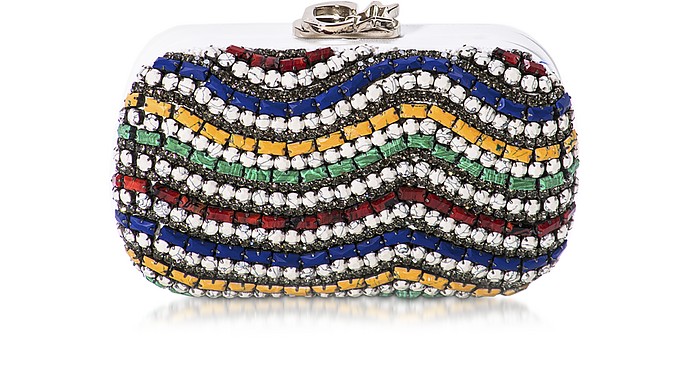 Susan C Star White Nappa Leather and Multicolor Stones Pochette w/Chain Strap - Corto Moltedo