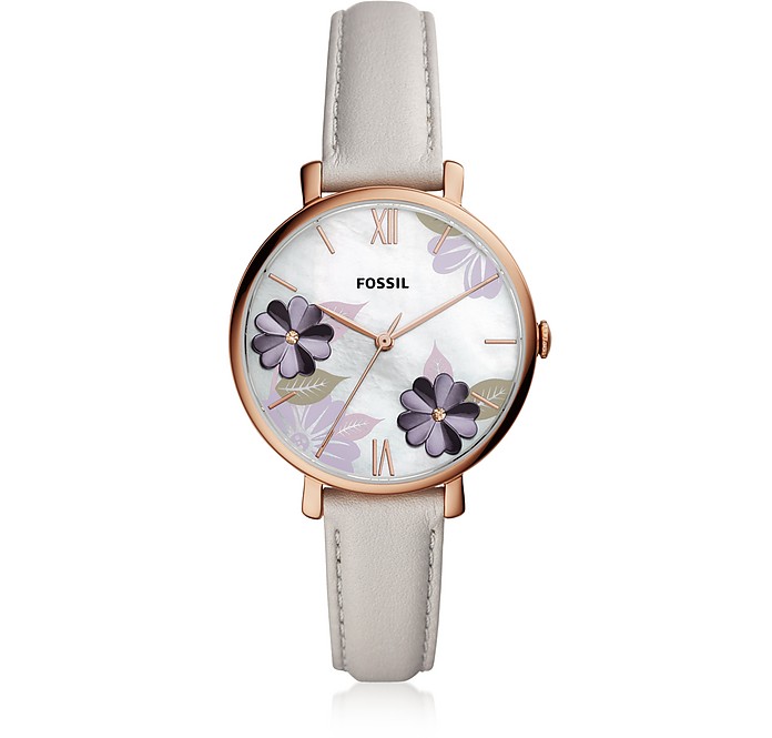 Jacqueline Three Hand Floral Gray Leather Watch - Fossil