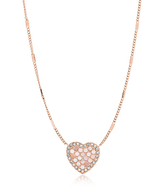 Vintage Glitz Rose Gold Tone Heart Necklace, - Fossil