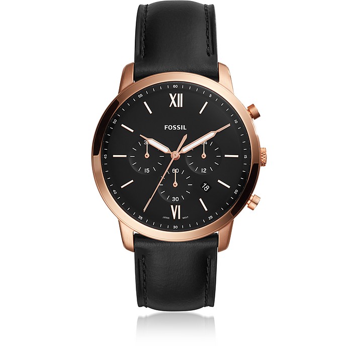 Neutra Chronograph Black Leather and Rose Gold Men's Watch - Fossil