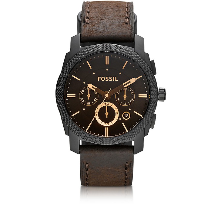 Machine Mid-Size Chronograph Brown Leather Men's Watch - Fossil / tHbV