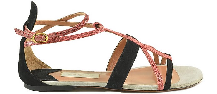 Black Suede and Pink Snake Print Leather Flat Sandals - L'Autre Chose