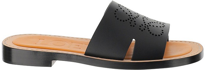 Black Leather Perforated Anagram Logo Flat Sandals - Loewe