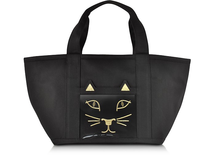 Charlotte Olympia Feline Petite Ami Kitty Black Canvas Tote Bag at FORZIERI