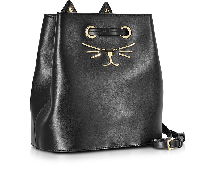 Charlotte Olympia Feline Black Leather Bucket Bag at FORZIERI