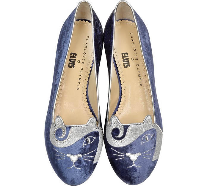 Charlotte Olympia The King Kitty Unplugged Dark Blue Embroidered Velvet ...