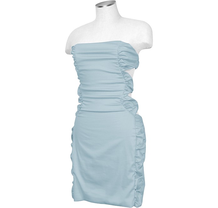 Light Blue Cut-out Back Strapless Mini Cotton Dress - Hafize Ozbudak