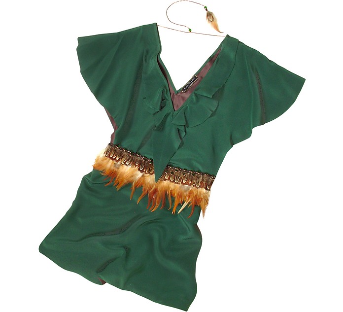 Jade Green Silk Tunic with Feather Belt - Hafize Ozbudak