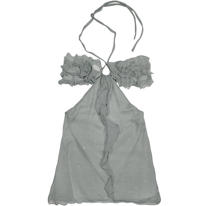 Gray Ruched Front Silk Crepe Halter Top - Hafize Ozbudak