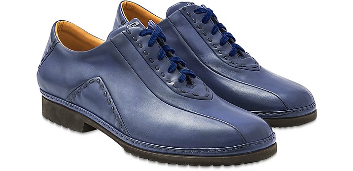 Итальянские Синие Кожаные Туфли на Шнуровке, Изготовленные Вручную - Pakerson