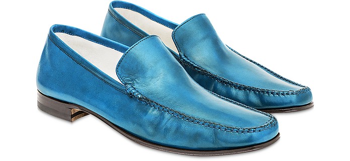Sky Blue Italian Handmade Leather Loafer Shoes - Pakerson