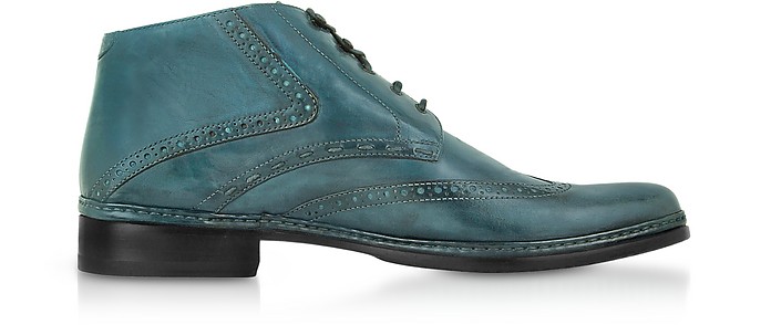 Petrol Blue Handmade Italian Leather Wingtip Ankle Boots - Pakerson