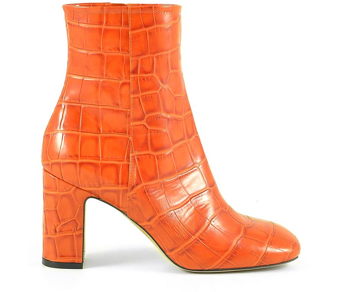 Orange Croco Embossed Leather Booties - Pellico