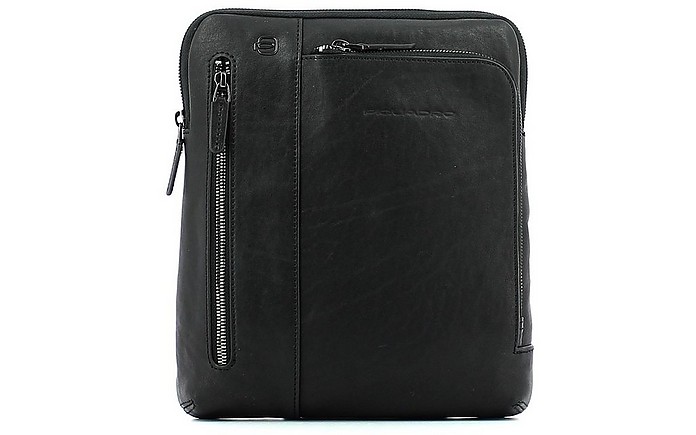 Piquadro Designer Men's Bags Black Leather Crossbody Bag W/2 Front Zip Pockets In Noir