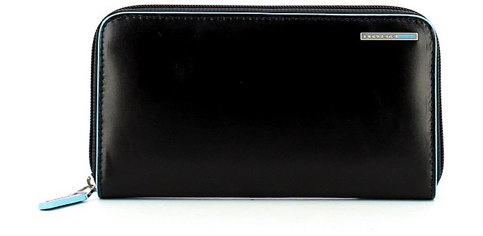 Black Genuine Leather Zip Around Wallet - Piquadro