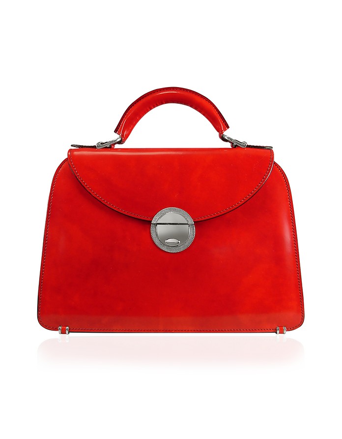 Ladies' Cherry Red Classic Leather Flap Handbag - Pratesi
