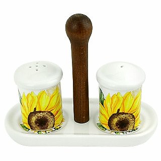 Salz- und Pfefferstreuer und Halter aus Keramik mit Sonnenblumendekoration - Spigarelli