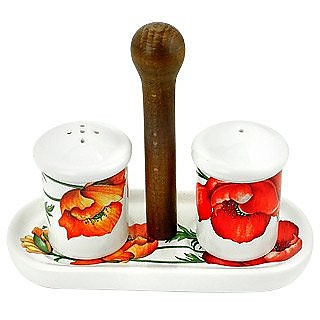 Salz- und Pfefferstreuer und Halter aus Keramik mit Mohndekoration - Spigarelli