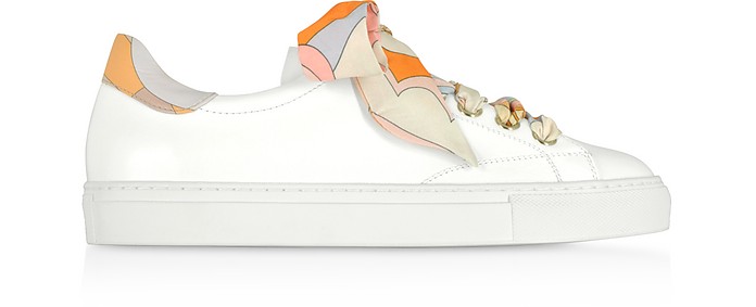 White Leather Low-top Sneakers w/Silk Printed Laces - Emilio Pucci