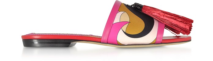 Sandales en Nylon Imprimé Multicolore avec Pompons en Raphia - Emilio Pucci