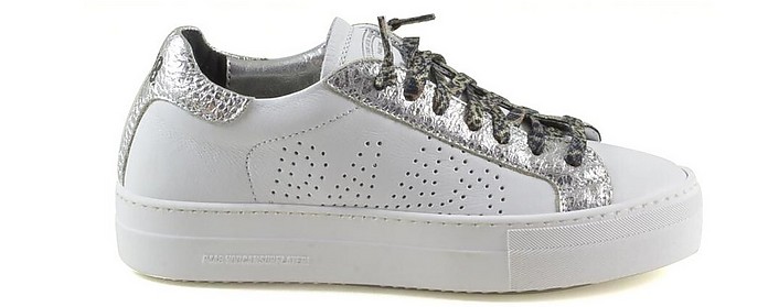 White/Silver Leather Women's Sneakers - P448