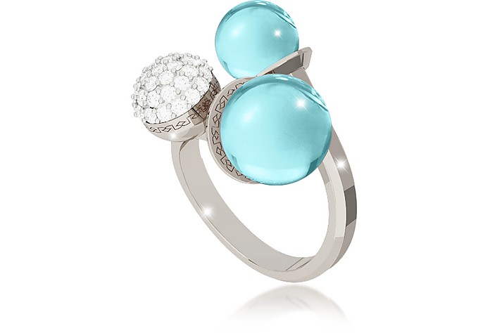 Boulevard Stone Rhodium Over Bronze Ring w/Hydrothermal Turquoise Stones and Cubic Zirconia - Rebecca
