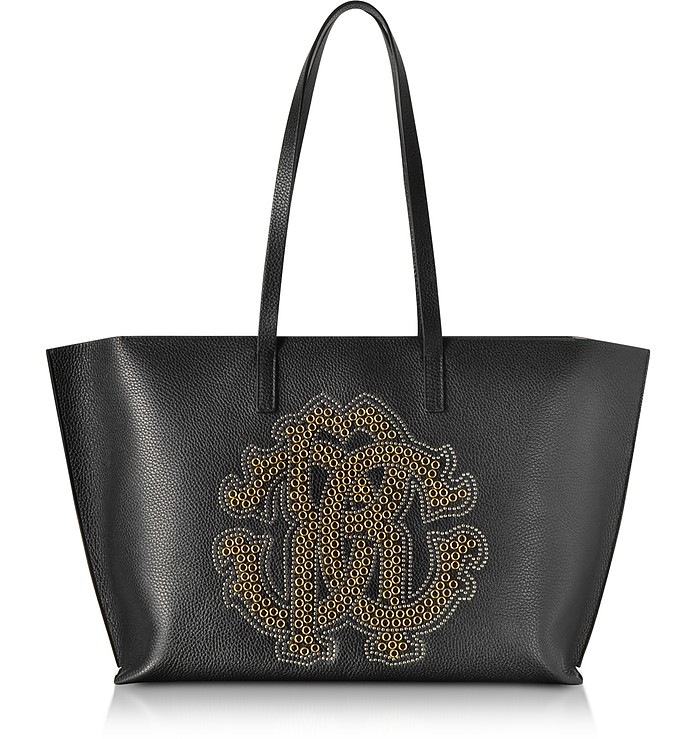 Roberto Cavalli Black Leather Unisex Tote Bag w/Gold Studs RC Logo at ...