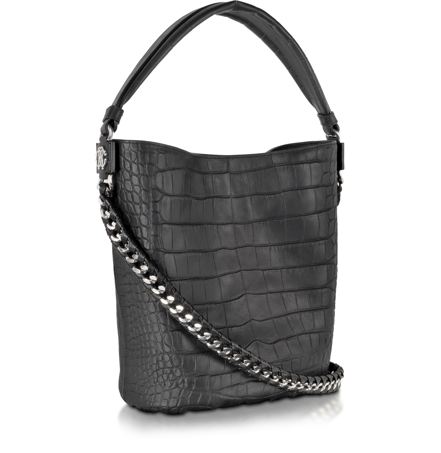 Roberto Cavalli Regina Medium Black Croco Embossed Leather Shoulder Bag ...