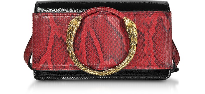 Black Patent Leather and Cherry Python Small Shoulder Bag - Roberto Cavalli