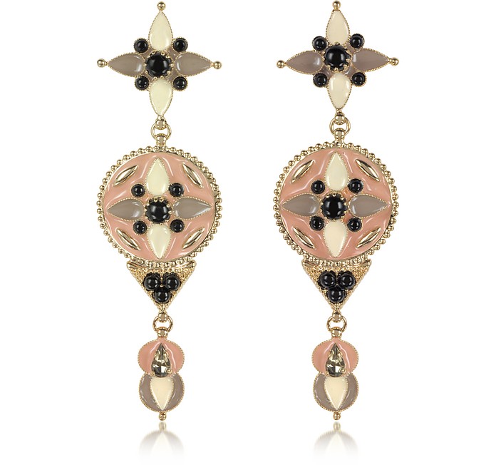 Gold-tone and Enamel w/Multicolor Crystals Long Earrings - Roberto Cavalli