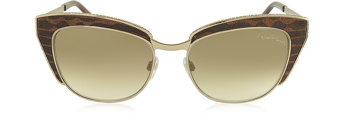 SUALOCIN 973S Gold Metal and Brown Animal Print  Acetate Cat Eye Sunglasses - Roberto Cavalli