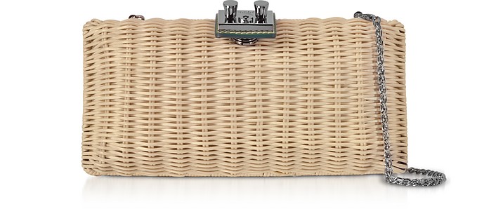 Whitewashed Wicker and Green Leather Clutch - Rodo