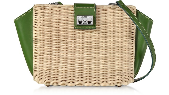 Whitewashed Wicker and Leather Trapeze Shoulder Bag - Rodo / h