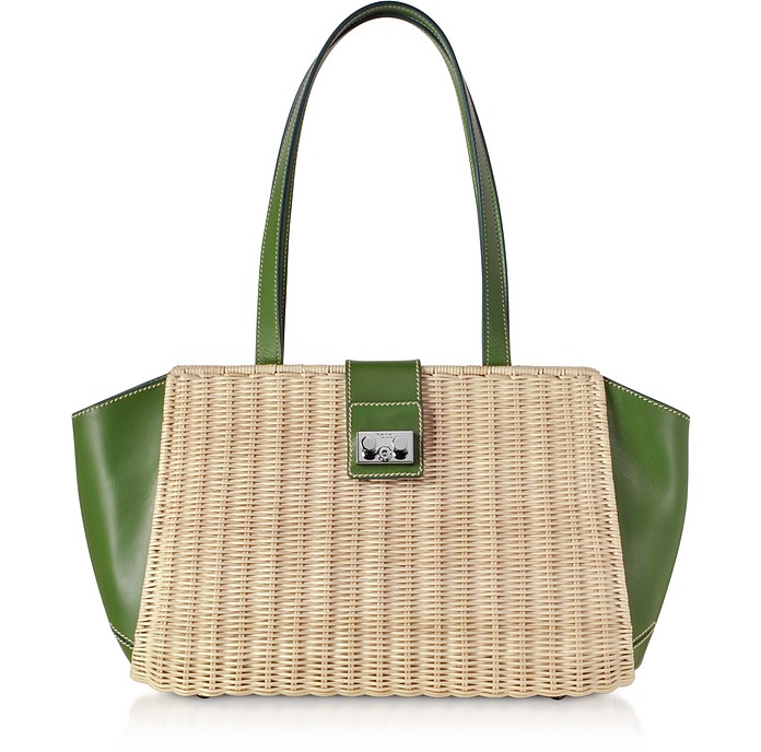Whitewashed Wicker and Leather Trapeze Tote Bag - Rodo