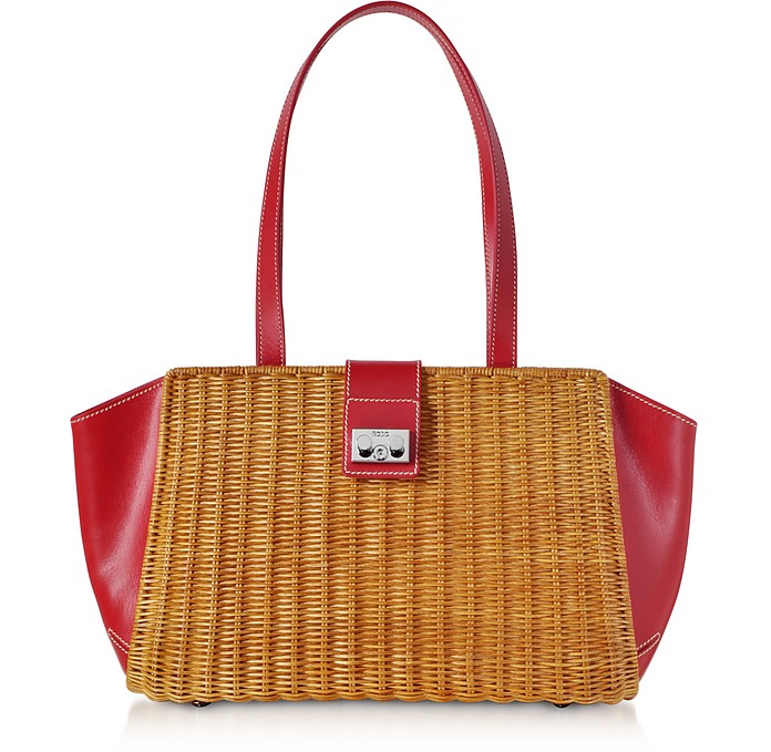 Wicker and Leather Trapeze Tote Bag - Rodo